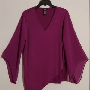 Macy's Alfani Women's Plum Chiffon Sleeve Ribbed Asymmetrical Hem Tunic Blouse M